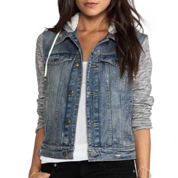 Free People Distressed Jean Jacket Hooded Fabric Sleeves Women's Size S - Picture 1 of 7